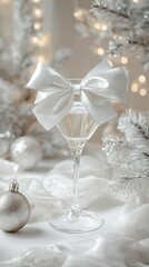   A glass of wine adorned with a white bow and Christmas ornament sits on a white tablecloth, surrounded by a festive Christmas tree in the background