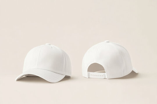 White baseball caps mockup on a grey background, front and back side. 

