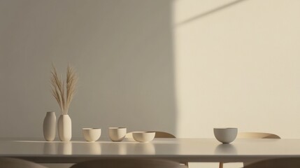 Modern minimalist dining room with minimal decor. Featuring clean lines and a sophisticated setup