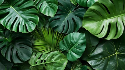Fototapeta premium Green Leaf Collection: Artistic Watercolor and Detailed Digital Illustrations Featuring Clovers, Tropical Leaves, Falling Foliage, and Textured Dry Leaves - Perfect for Nature-Themed Designs and Decor