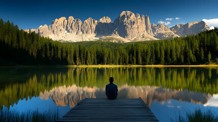 A man sitting on a wooden pier by a serene mountain lake in the Dolomites, Italy, Europe with forested slopes and jagged peaks