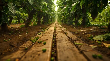 Empty wooden table surrounded by coffee trees in a serene coffee field landscape