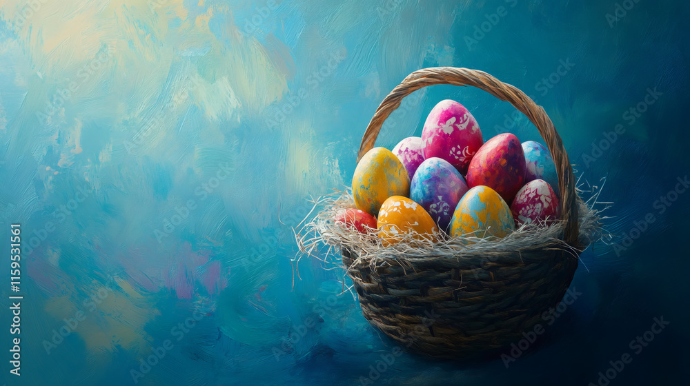 Poster vibrant easter eggs nestled in a wicker basket, creating a festive centerpiece against a textured ba