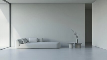Modern minimalist family room with minimal furnishings. Featuring a clean, open design with contemporary lines