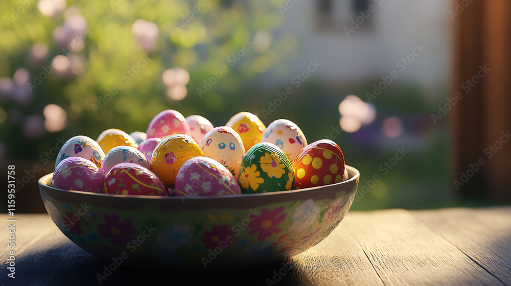 Poster festive easter eggs displayed in a floral bowl, illuminated by the sunny garden, creating a vibrant 