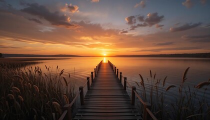 Fototapeta premium Wooden Dock Extending Towards Sunset Over Calm Lake