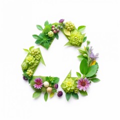 Eco-friendly recycling symbol made from fresh green plants and colorful flowers on a white background
