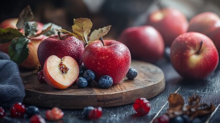 Apples and berries in a rustic harvest arrangement