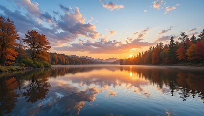 Fototapeta premium Autumn Sunset Over Calm Lake With Colorful Trees