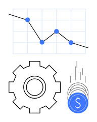 Downward trending graph, gear for mechanical aspect, coins showing financial decline. Ideal for economics, machinery, finance, business strategy, market analysis, investment technology discussions
