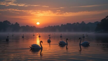Swans at Sunrise on a Misty Lake