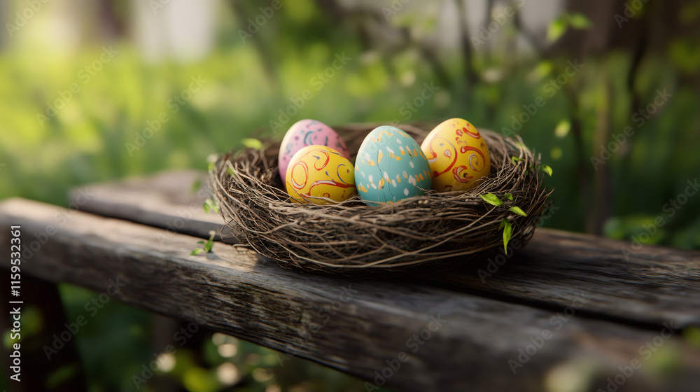 Poster nest with colorful easter eggs symbolizing new life and spring celebrations, placed on a rustic wood