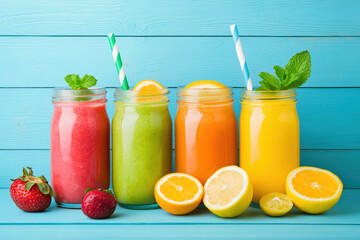 Fototapeta premium Colorful fruit smoothies and fresh fruits displayed on a wooden table in bright colors