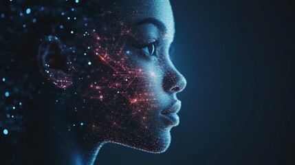 Artificial intelligence forming a woman's face with futuristic connections