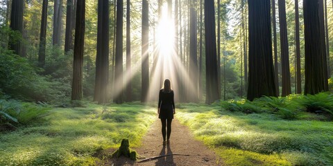 A woman walks through a forest with sunlight shining through the trees. The scene is peaceful and serene, with the woman being the only person in the image