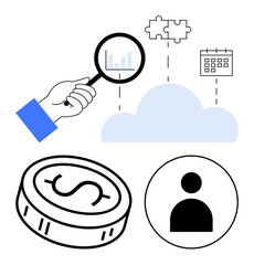 Hand with magnifying glass examining graph, puzzle pieces, calendar, cloud, coin, user icon representing data analysis, strategy, scheduling, cloud computing finance networking and user