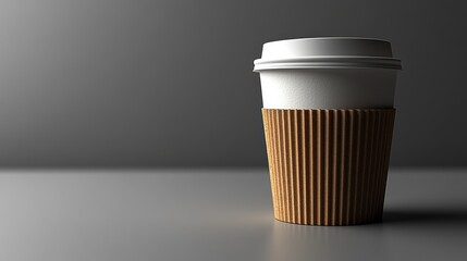 Single disposable coffee cup with cardboard sleeve on gray surface.