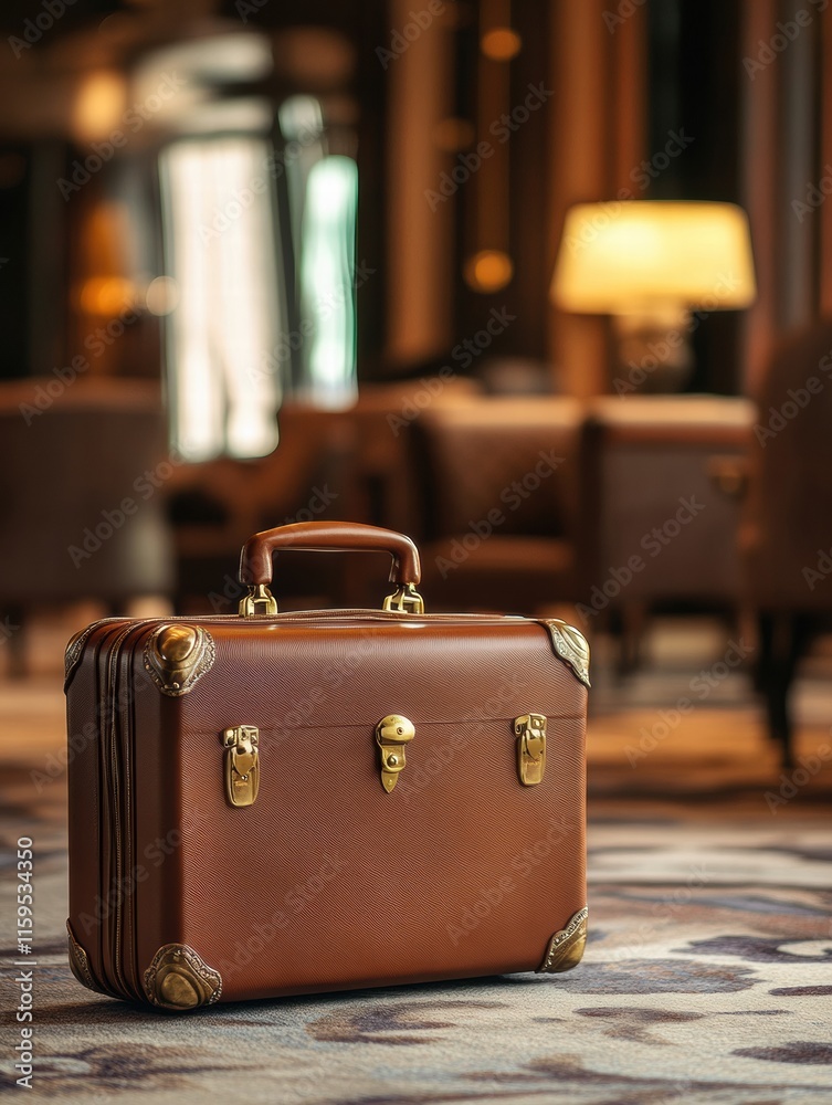 Poster luxurious leather suitcase with golden hardware placed in an elegant hotel lobby setting during late