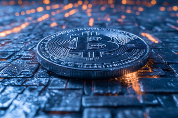 A detailed image of a Bitcoin, showcasing its iconic gold coin design, featuring the Bitcoin symbol