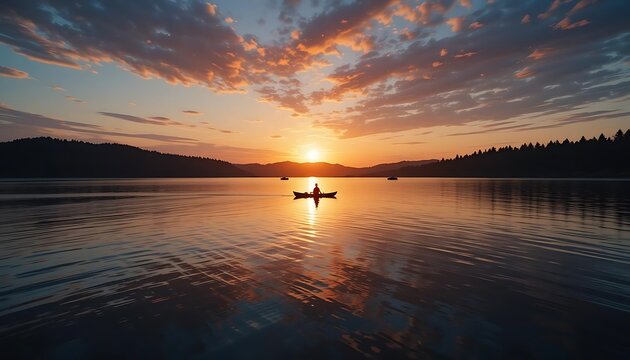 Solitary Kayaker at Sunset on Calm Lake