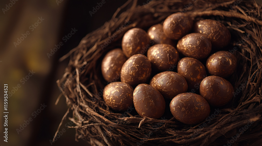 Poster luxurious and festive easter scene with chocolate easter eggs adorned with gold leaf nestled in a bi