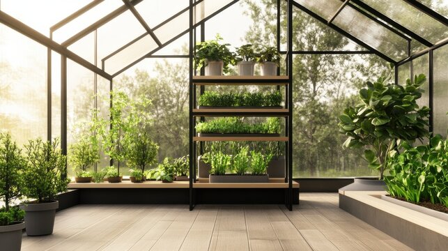 Modern minimalist greenhouse with minimal decor. Featuring clean lines and a sustainable design