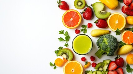 Naklejka premium Healthy green smoothie with fresh fruits and vegetables on white background.