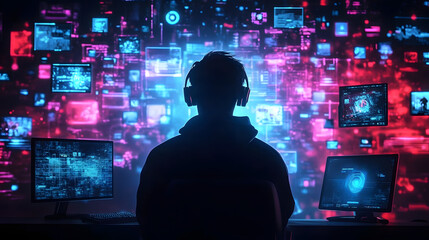 Silhouette of a gamer surrounded by digital graphics and game elements