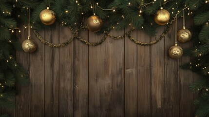 Decorative Christmas ornaments and lights hanging on a wooden background create a festive...