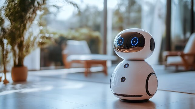 A Modern White Home Robot Stands In A Living Room