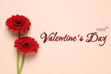 Happy Valentine's Day card with red gerbera flowers on beige background. Top view