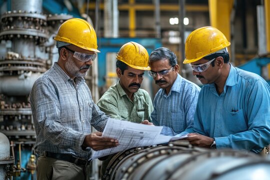 Indian engineers examining blueprints in heavy industry factory