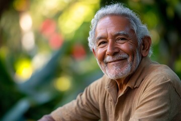 Portrait of happy senior hispanic man smiling outdoors in nature
