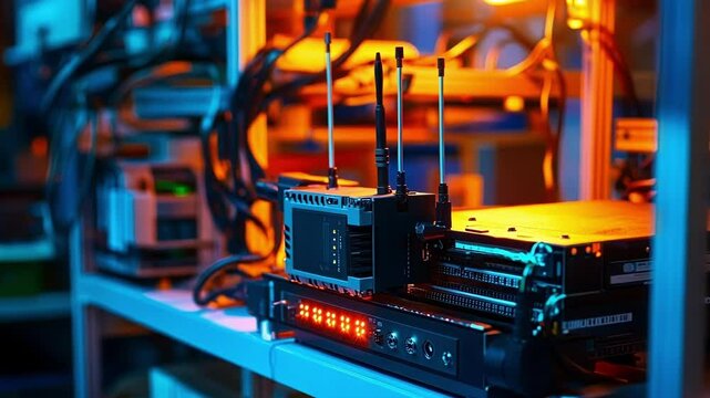 A detailed image of a wireless alert transceiver with antennas jutting out and LEDs glowing perched on a shelf amidst various technical equipment in a factory environment.