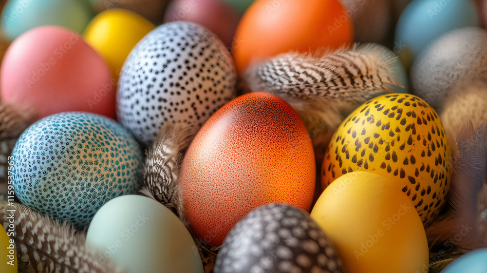 Poster easter eggs adorned with vibrant colors and intricate patterns, nestled among feathers in celebratio