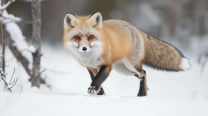 Fototapeta premium Wildtiererkundung in einem verschneiten Wald mit einer faszinierenden Begegnung mit einem Fuchs