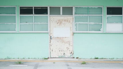 Verwitterte Tür eines verlassenen Kleinunternehmens im städtischen Umfeld