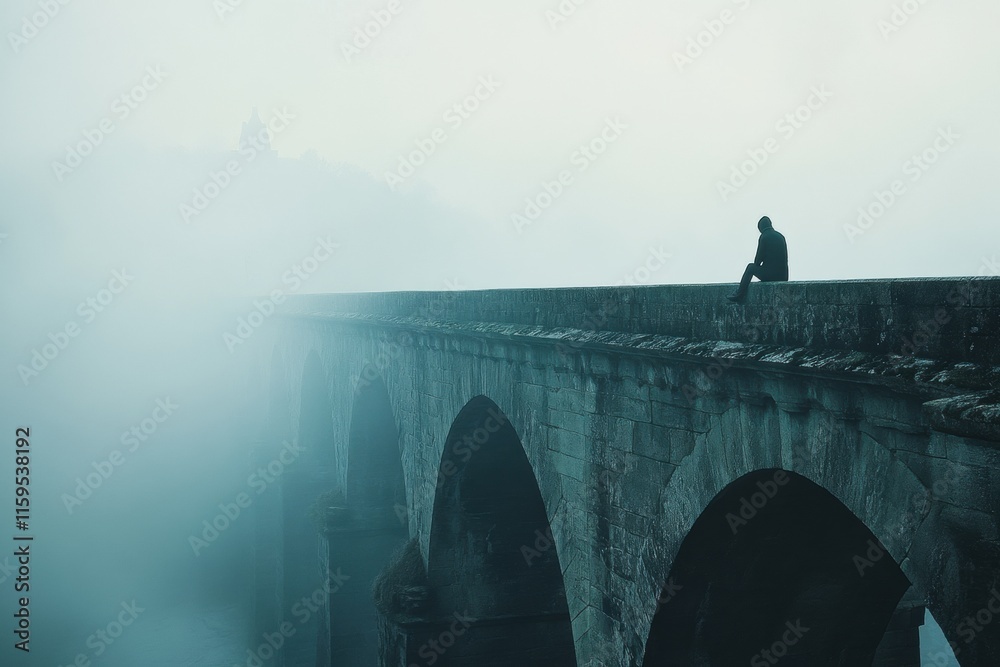 Aufkleber lone figure reflects on the edge of a foggy bridge amid a still and quiet atmosphere. generative ai