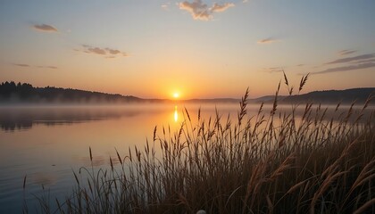 Serene Sunrise Over Foggy Lake With Tall Grasses