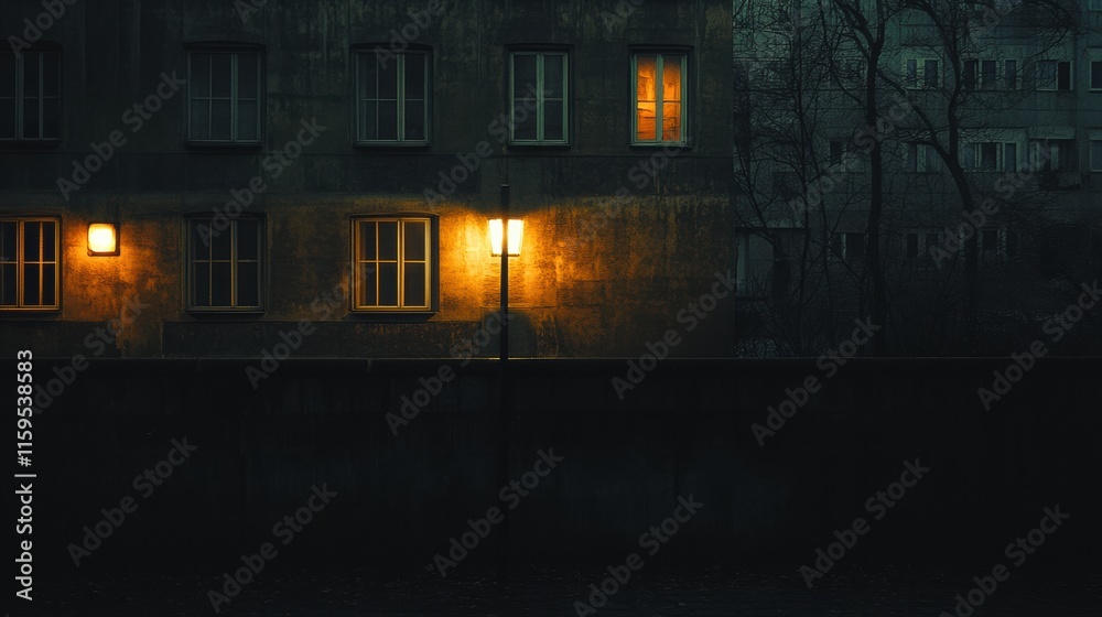 Poster dimly lit cityscape at night with illuminated windows and street lights in an urban setting. generat