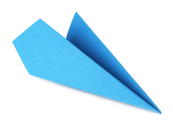 One handmade light blue paper plane isolated on white