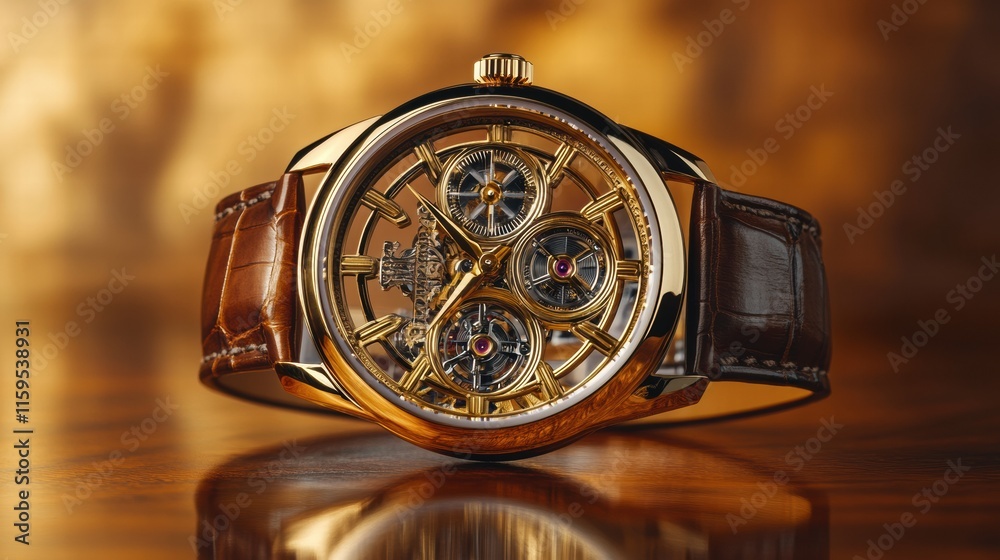 Poster luxury wristwatch with golden frame showcased on a polished wooden surface in an elegant setting. ge