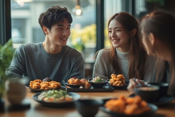Happy asian friends enjoying meal together in restaurant