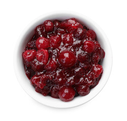 Tasty cranberry sauce in bowl isolated on white, top view