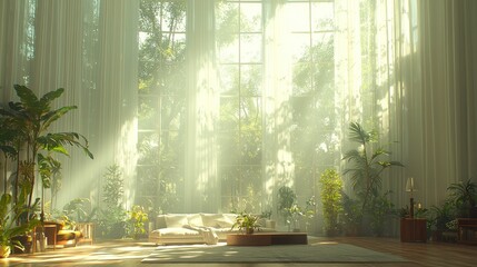 Sunlit room with plants and sheer curtains.