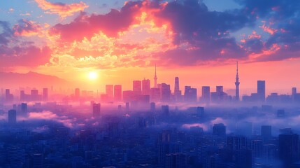 Fototapeta premium Stunning city skyline and tower glow vividly at sunset with reflections image