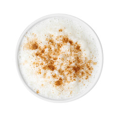 Delicious rice pudding with cinnamon isolated on white, top view