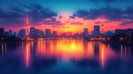 Fototapeta premium Stunning sunset enhances the cityscape with iconic tower and shimmering river reflections