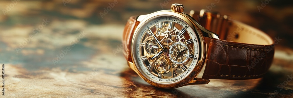 Poster Luxury wristwatch with a golden frame displayed on a textured surface in an elegant setting. Generative AI