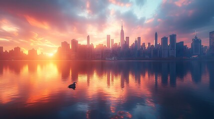 Naklejka premium Sunset hues reflect on waters beneath the dramatic skyline and tower wallpaper image